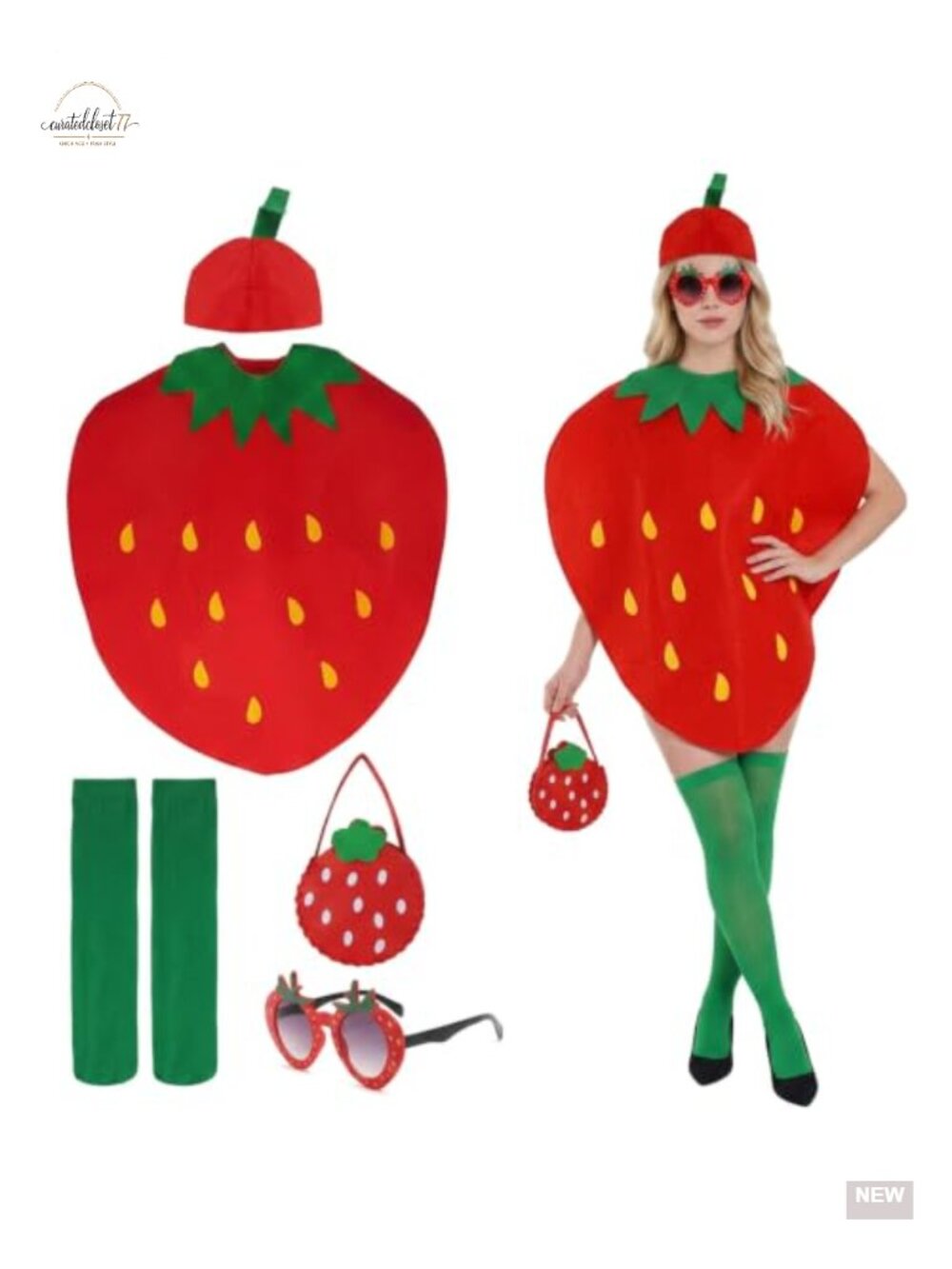 5pc Strawberry Costume Set Hat Dress Socks Bag Glasses Adult Halloween Cosplay